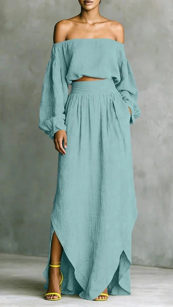 Women's casual off-shoulder top and asymmetrical skirt two-piece set