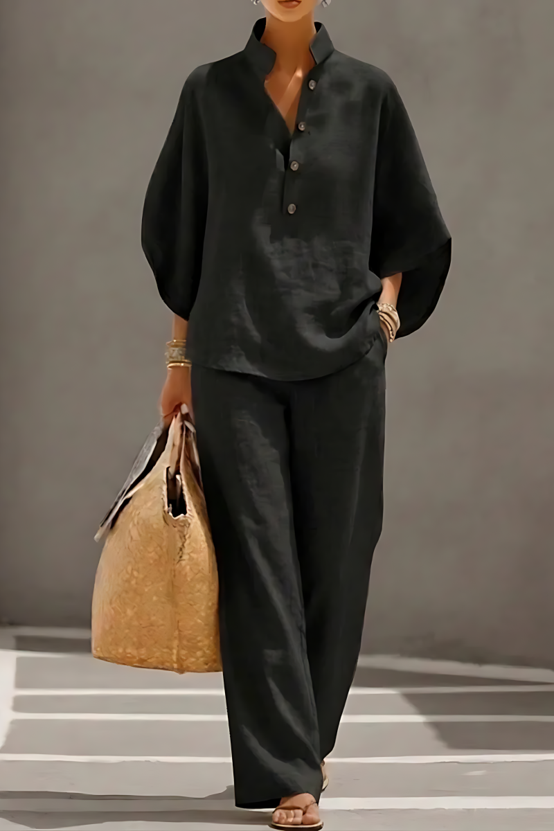 Women’s Batwing Sleeve Linen Cotton Two-Piece Set – Casual Shirt & Wide Leg Pants Outfit