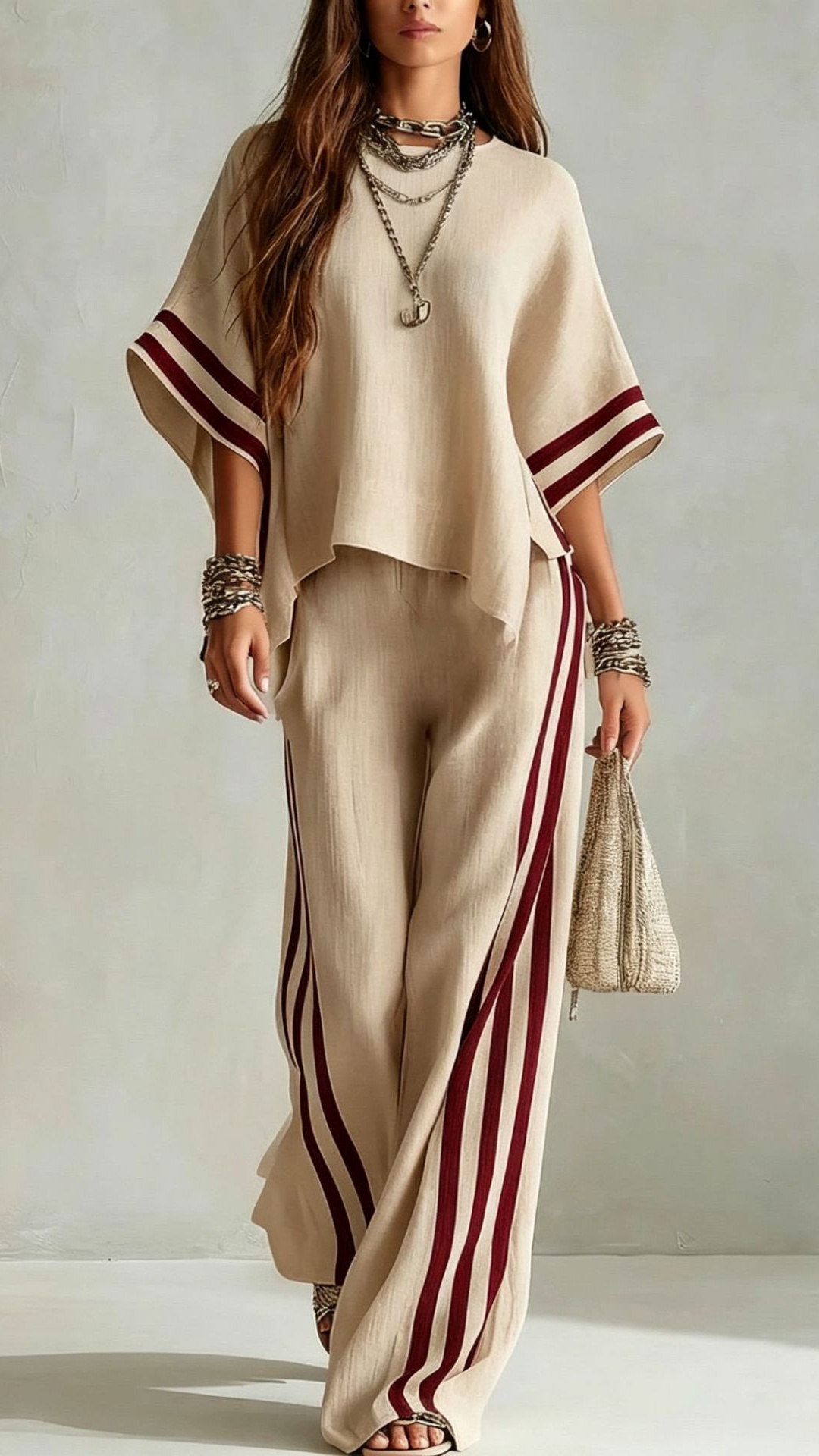 Women's Striped Patchwork Irregular Hem Casual Wide-Leg Pants Two-Piece Set