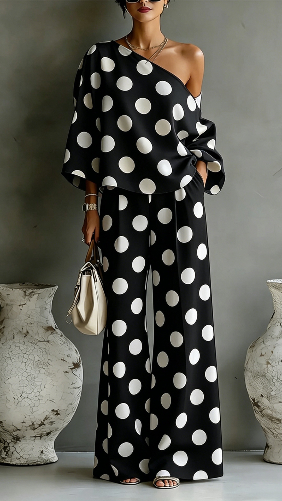 Women's Colorful Polka Dot Off-Shoulder Flowy Two-Piece Set