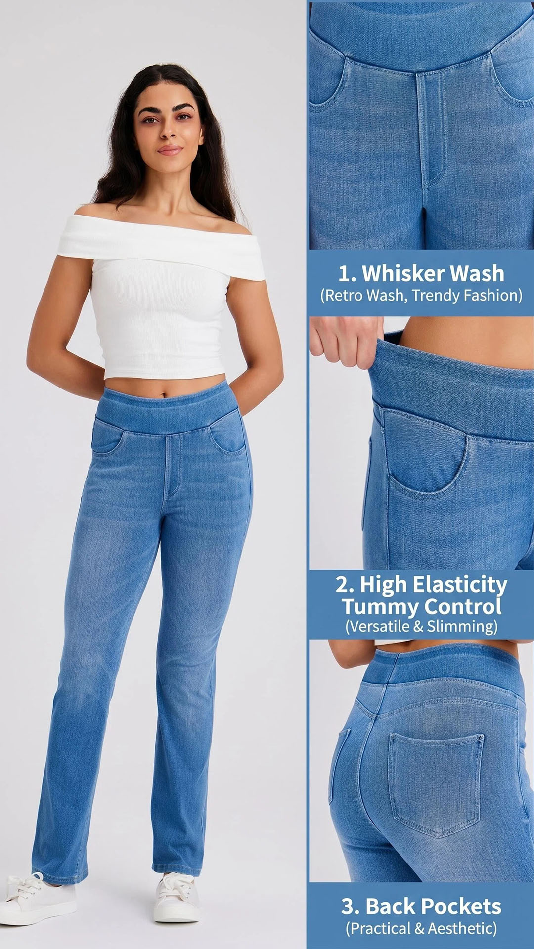 Whisker wash retro style denim jeans - close-up of high elastic waistband with tummy control feature
Practical back pockets of high waisted jeans - deep pocket design with tailored stitching for aesthetic and functionality