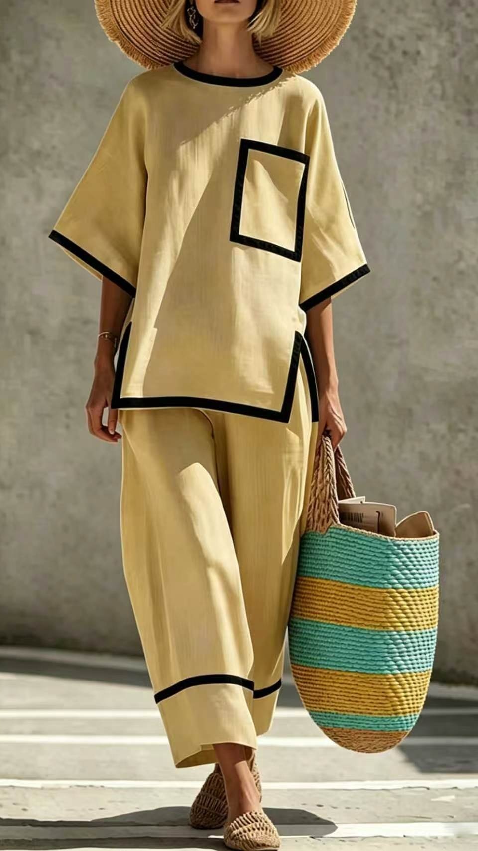 Women's Casual & Commuter Two-Piece Set: Comfortable, Loose-Fit Cotton-Linen Outfit with Round Neckline