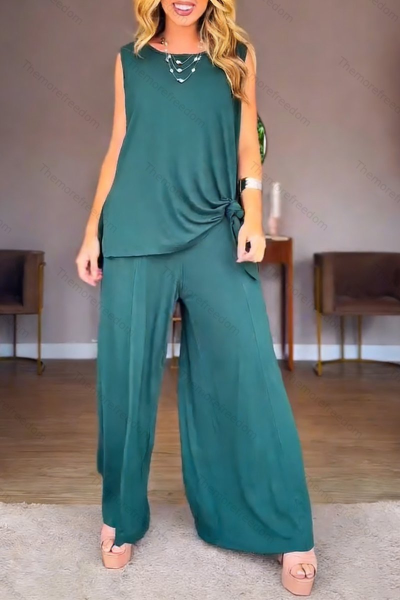 Women's casual vacation round neck sleeveless split two-piece set