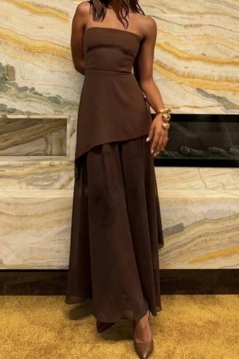 Women's stylish and elegant strapless solid-color mesh panel dress