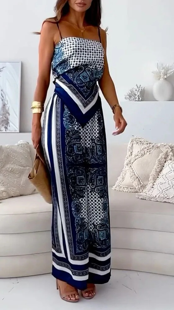 Women's Fashion Two-Piece Set: Printed Spaghetti Strap Bandeau Top + Allover-Print Trousers