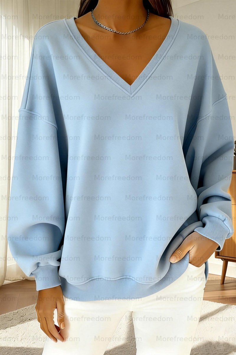 Women's casual solid color printed V-neck loose sweatshirt