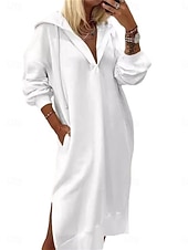Women's long-sleeved pullover hoodie dress with solid color and side slits.