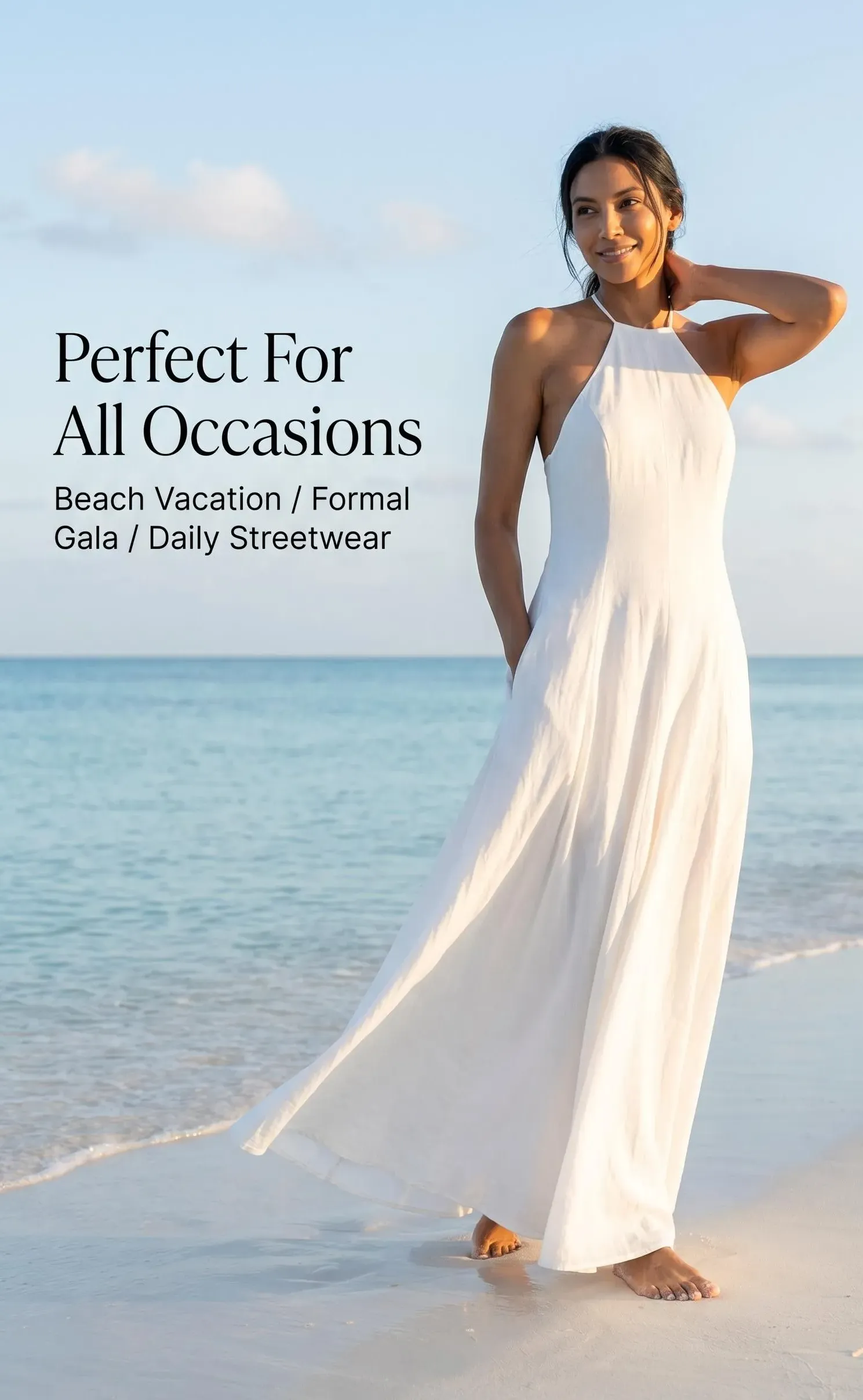 "travel style outfit: linen-blend sleeveless maxi dress paired with sandals for vacation"