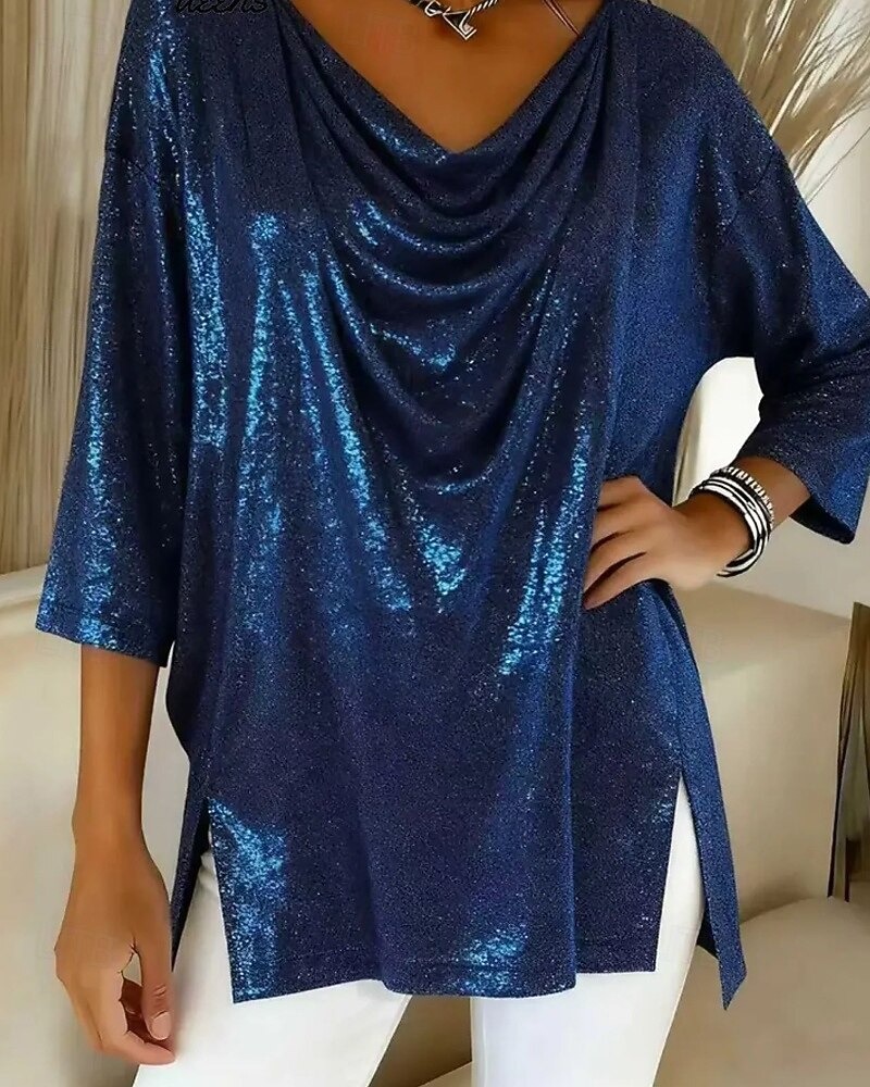 Women's shirt, solid color, vintage and stylish, three-quarter sleeves, V-neck, regular fit top, embellished with sequins.