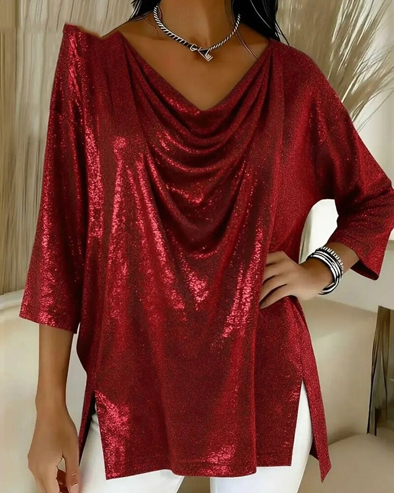 Women's shirt, solid color, vintage and stylish, three-quarter sleeves, V-neck, regular fit top, embellished with sequins.