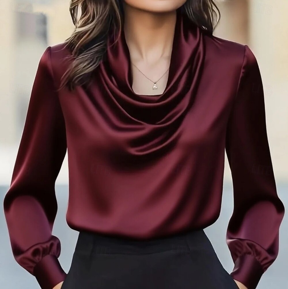 Women's Blouse, Satin Elegant Top, Solid Color Fashionable Everyday Long-Sleeve Cowl Neck Regular Fit Top, Everyday Drape Design