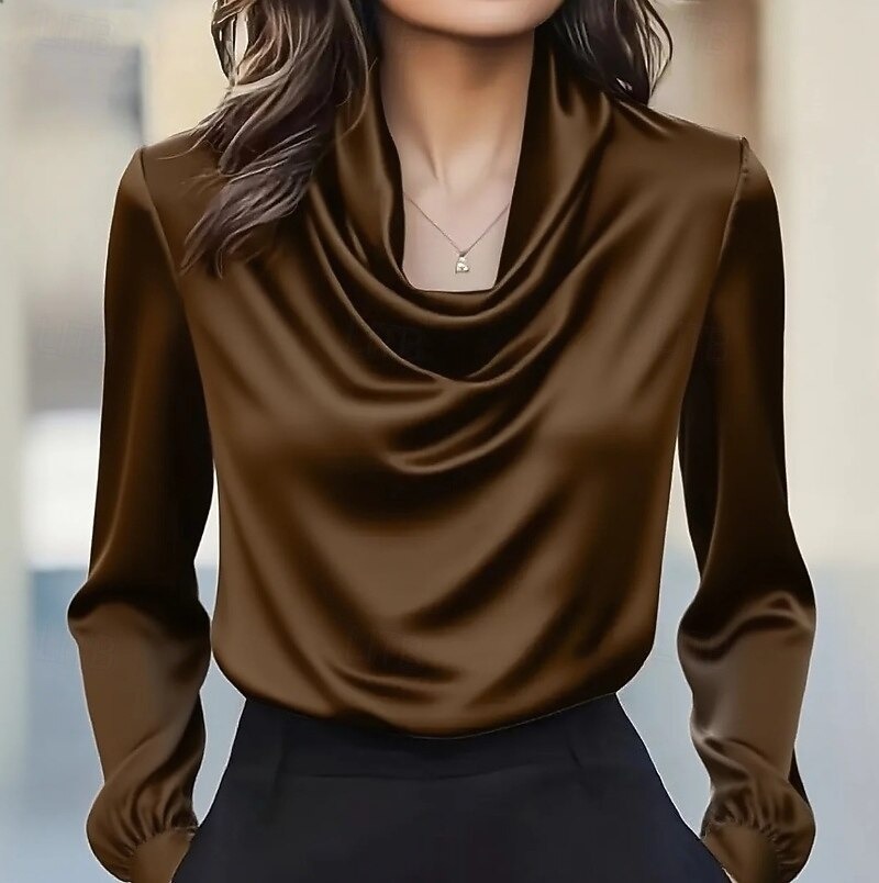 Women's Blouse, Satin Elegant Top, Solid Color Fashionable Everyday Long-Sleeve Cowl Neck Regular Fit Top, Everyday Drape Design