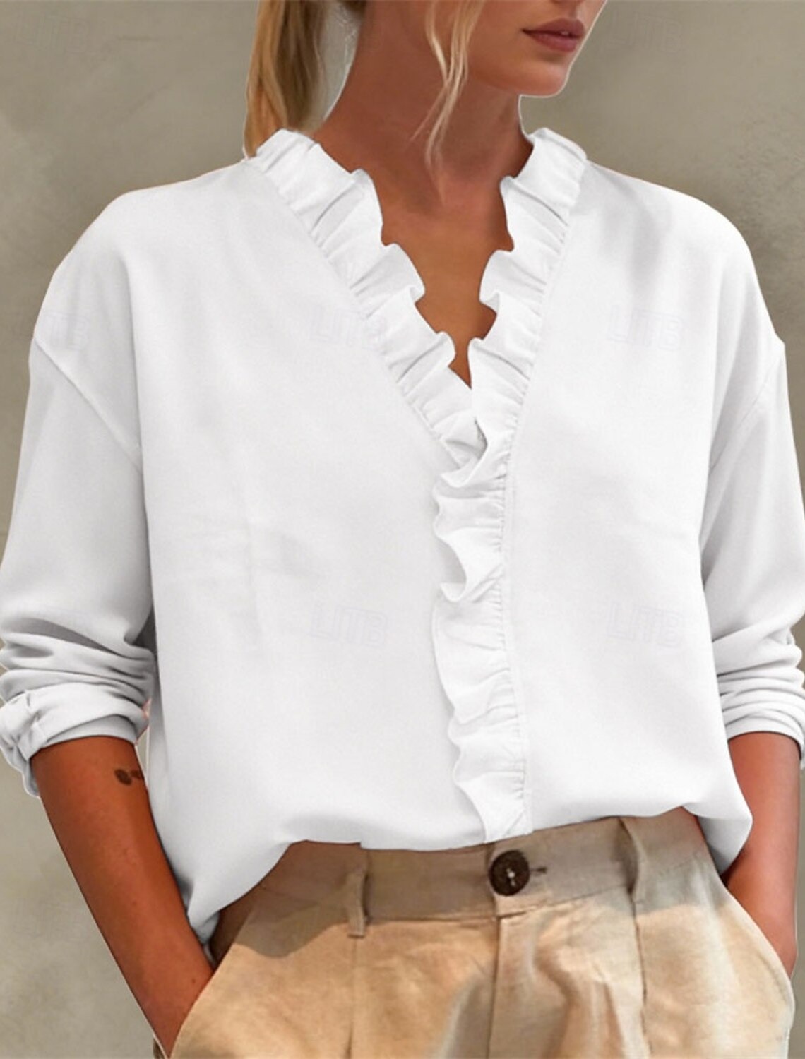 Women's Blouse Dressy Tops Solid Color Plain Elegant Vintage Daily Long Sleeve V Neck Regular Tops Daily Work Holiday Ruched Ruffle Patchwork Blue Teal White Pink Green Summer Spring