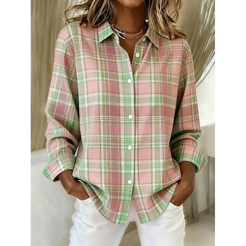 Women's Shirt Blouse Plaid Casual Long Sleeve Shirt Collar Regular Tops Daily Patchwork Buttons Print Blue Light Green Pink Red Orange Spring Fall Winter