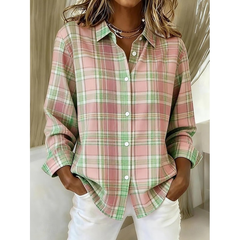 Women's Shirt Blouse Plaid Casual Long Sleeve Shirt Collar Regular Tops Daily Patchwork Buttons Print Blue Light Green Pink Red Orange Spring Fall Winter