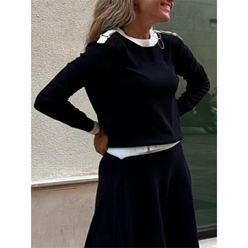 Women's Elegant Fashion Streetwear Blouse Skirt Long Sleeve Crew Neck Solid Color Formal Party Work Black White Brown Spring Loose Fit