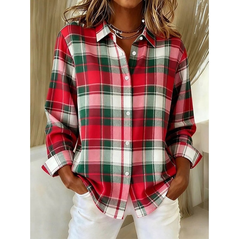 Women's Shirt Blouse Plaid Casual Long Sleeve Shirt Collar Regular Tops Daily Patchwork Buttons Print Blue Light Green Pink Red Orange Spring Fall Winter