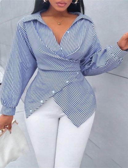 Women's Blouse Dressy Tops Plain Striped Elegant Vintage Daily Long Sleeve Shirt Collar Regular Tops Daily Work Holiday Ruched Buttons Print Black Pink Sky Blue Green Summer Spring