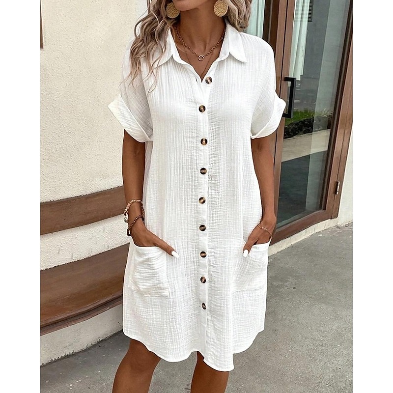 Women's Mini Dress Cotton Linen Dresses Shirt Dress Winter Dress Casual Vacation Regular Fit Plain Short Sleeve V Neck Black White Yellow Blue Summer