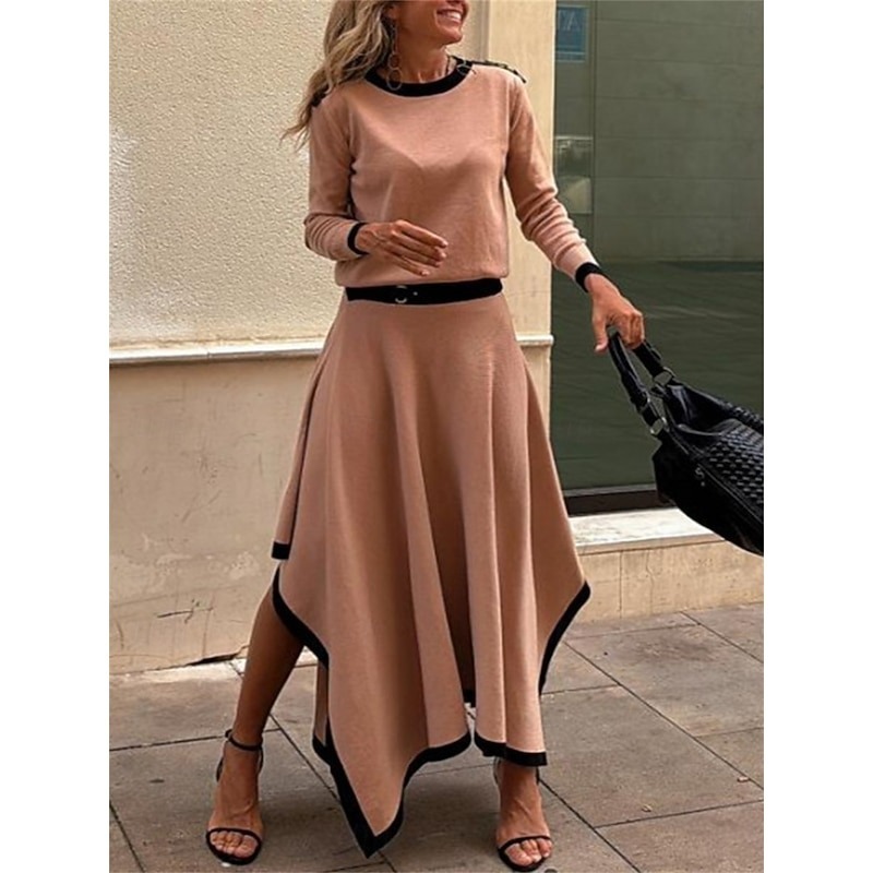 Women's Elegant Fashion Streetwear Blouse Skirt Long Sleeve Crew Neck Solid Color Formal Party Work Black White Brown Spring Loose Fit