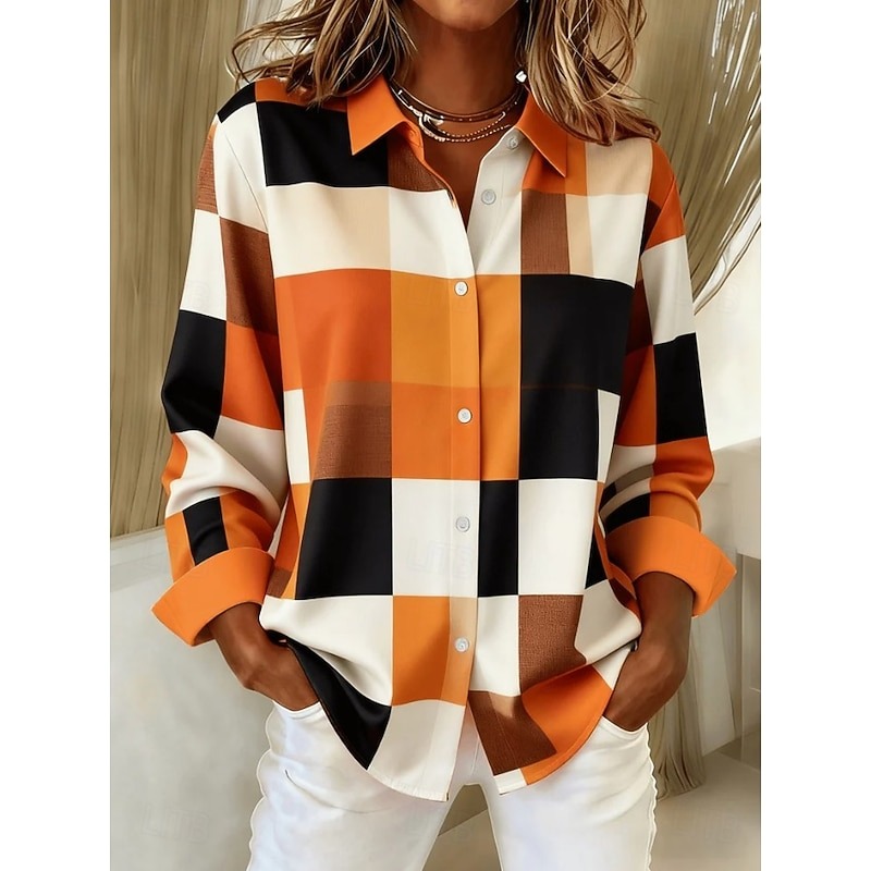 Women's Shirt Blouse Plaid Casual Long Sleeve Shirt Collar Regular Tops Daily Patchwork Buttons Print Blue Light Green Pink Red Orange Spring Fall Winter