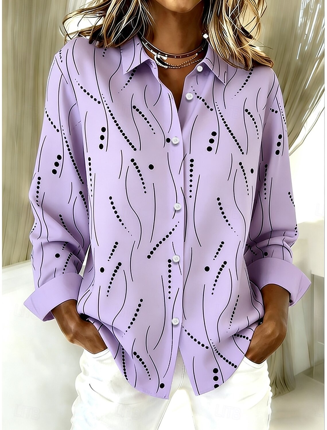 Women's Shirt Graphic Geometric Vintage Stylish Modern Long Sleeve Shirt Collar Regular Tops Daily Buttons Print White Light Brown Purple Fuchsia Khaki Spring Winter