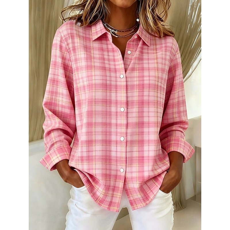 Women's Shirt Blouse Plaid Casual Long Sleeve Shirt Collar Regular Tops Daily Patchwork Buttons Print Blue Light Green Pink Red Orange Spring Fall Winter