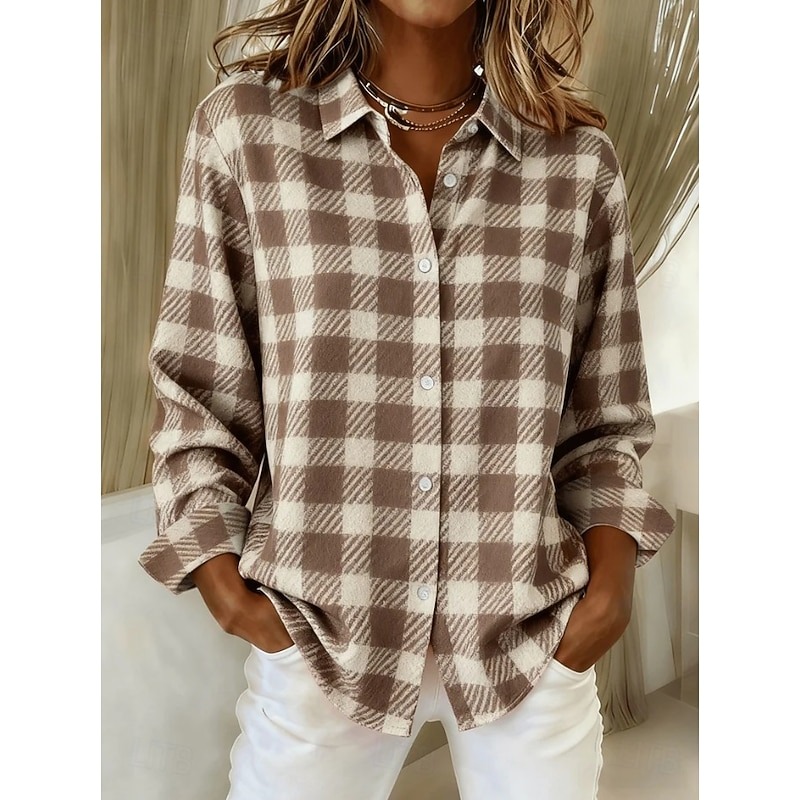 Women's Shirt Blouse Plaid Casual Long Sleeve Shirt Collar Regular Tops Daily Patchwork Buttons Print Blue Light Green Pink Red Orange Spring Fall Winter