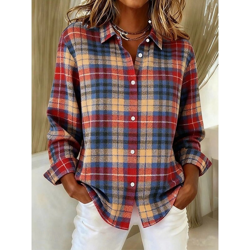 Women's Shirt Blouse Plaid Casual Long Sleeve Shirt Collar Regular Tops Daily Patchwork Buttons Print Blue Light Green Pink Red Orange Spring Fall Winter