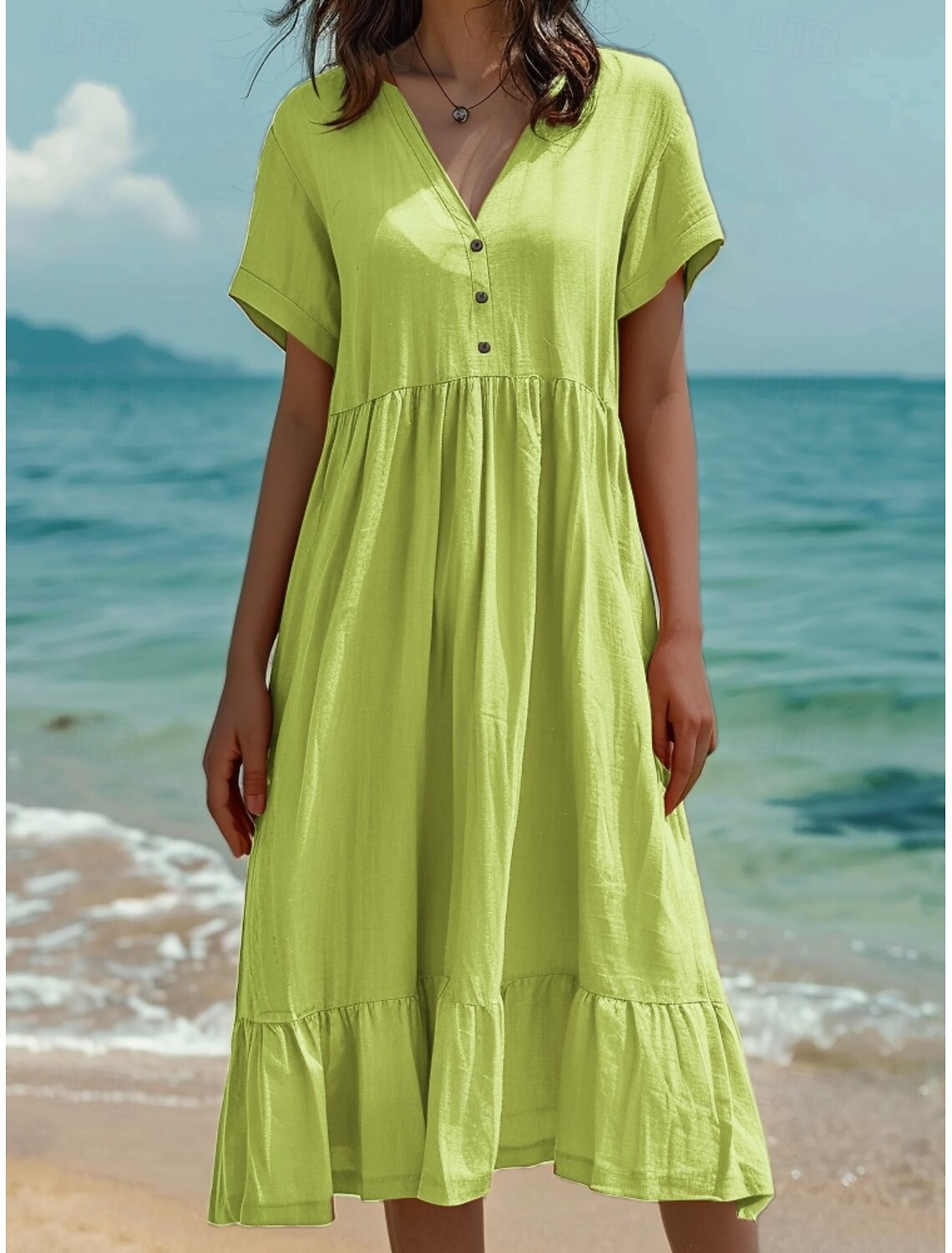 Women's Midi Dress Cotton Linen Dresses Summer Dress Fashion Casual Daily Regular Fit Solid Color Short Sleeve V Neck Light Green Dark Green Orange Dark Grey Summer