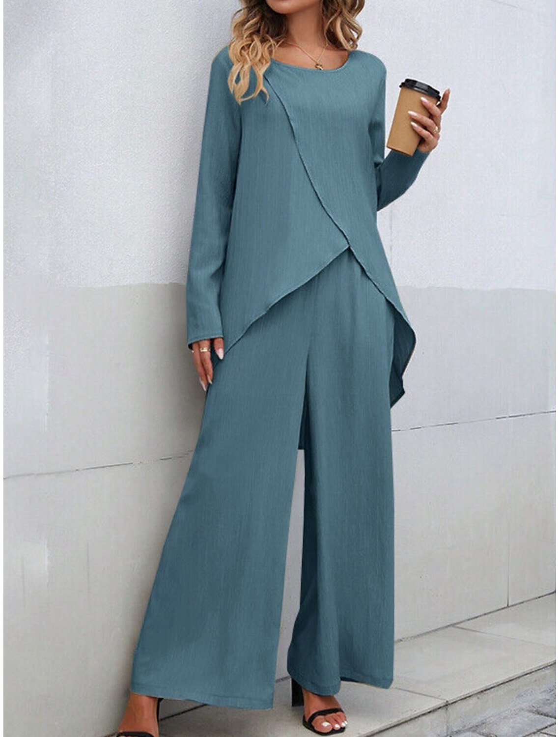 Women's Linen-Inspired Sets Two Piece Sets T Shirt Wide Leg Pants Long Sleeve Solid Color Black Blue Khaki Spring Regular Fit