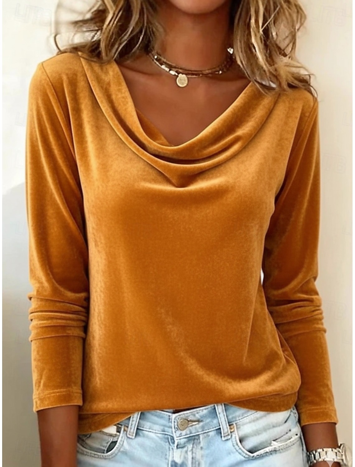 Women's velvet elegant and stylish basic long-sleeved turtleneck top, designed for layering (pre-order).