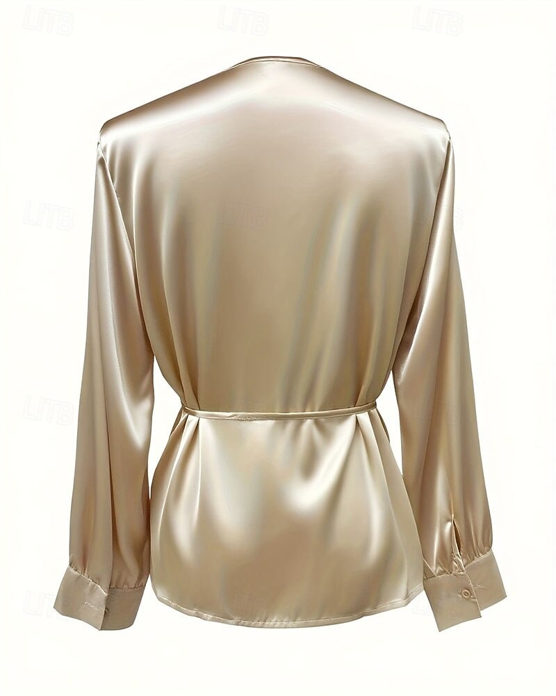 Women's Shirt Elegant Satin Blouse Solid Color Plain Elegant Vintage Ladies Long Sleeve V Neck Regular Tops Daily Work Holiday Ruched Lace up Patchwork Champagne Summer Spring