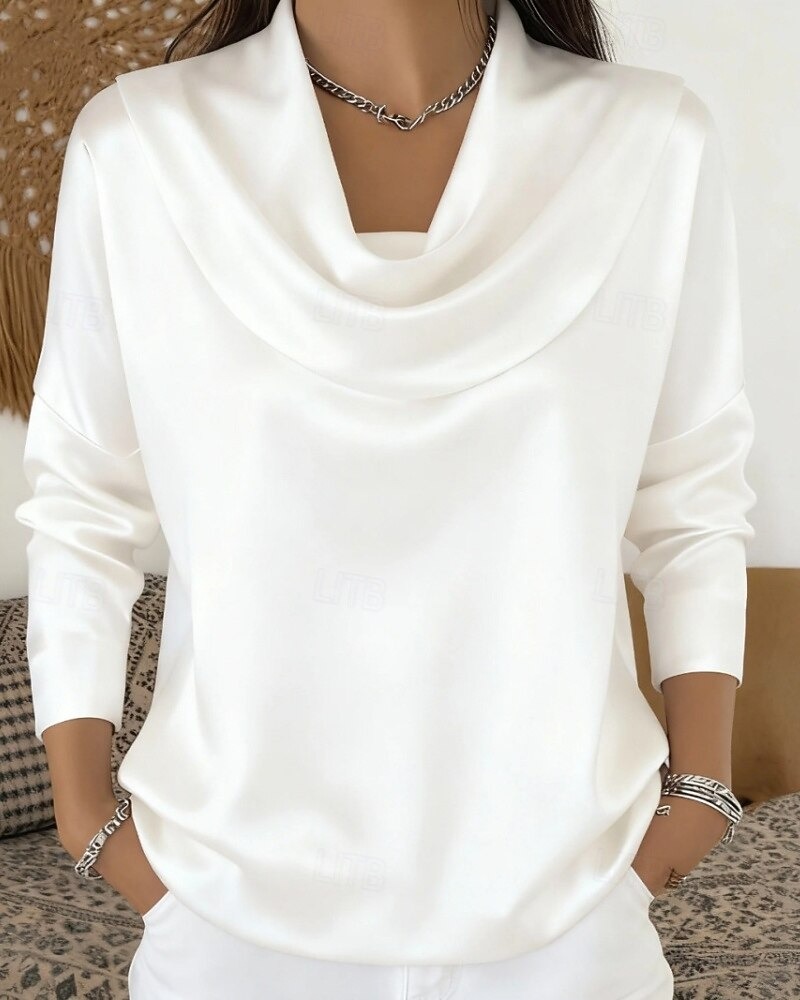 Women's shirt/blouse, solid color, fashionable long-sleeved, high-neck, regular fit top with draped neckline and pleat design.