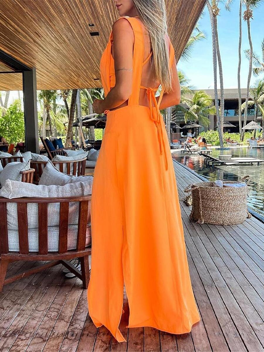 Women's Dress Set Casual Dress Skirt Set Swing Dress Fashion Modern Floral Plain Backless Split Long Dress Maxi Dress Sleeveless V Neck Outdoor Vacation Yellow Red Orange Summer Loose Fit