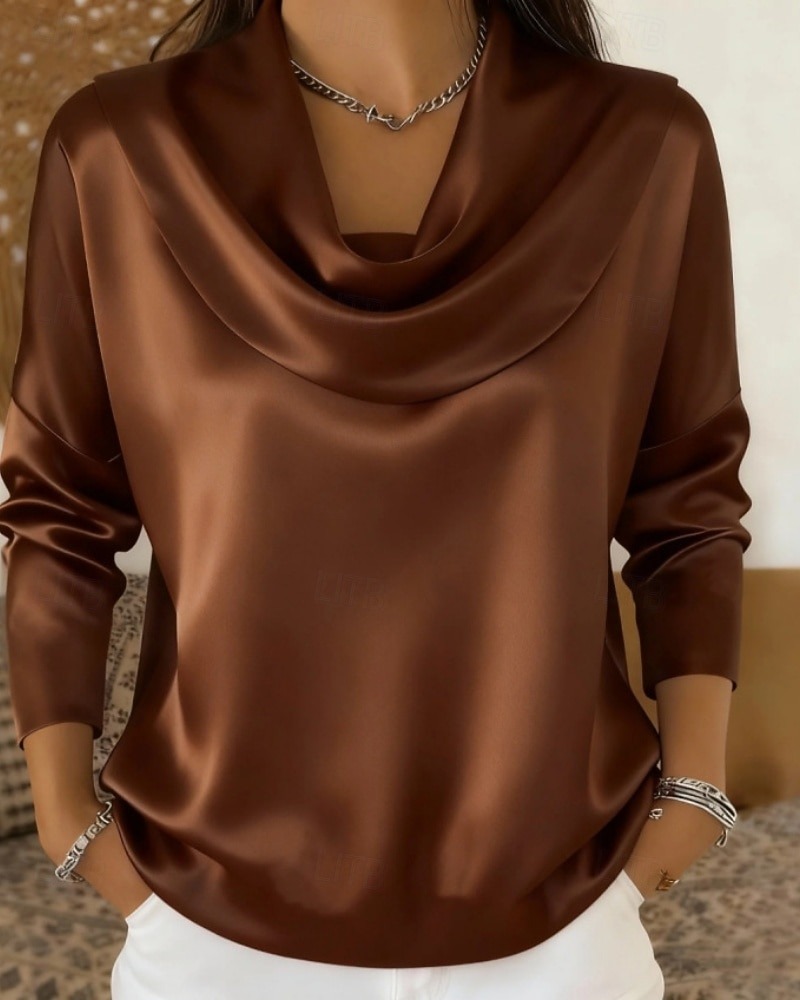 Women's Shirt Blouse Plain Stylish Long Sleeve Cowl Neck Regular Tops 