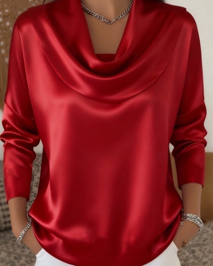 Women's shirt/blouse, solid color, fashionable long-sleeved, high-neck, regular fit top with draped neckline and pleat design.