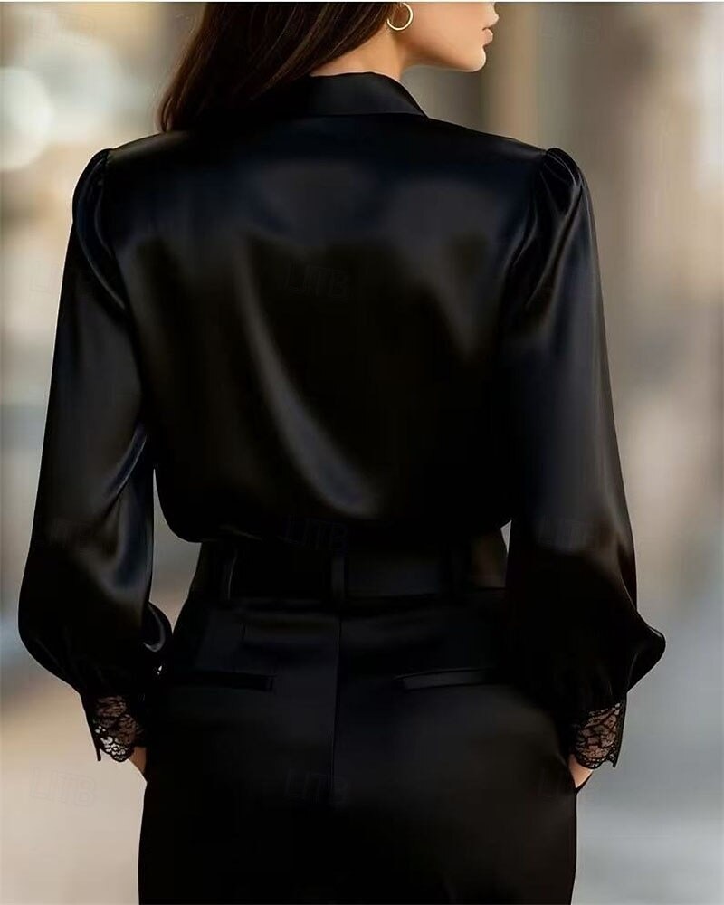 Women's Shirt Elegant Satin Blouse Plain Elegant Vintage Daily Long Sleeve Puff Sleeve V Neck Regular Tops Daily Work Holiday Ruched Lace Patchwork Black White Fall Winter