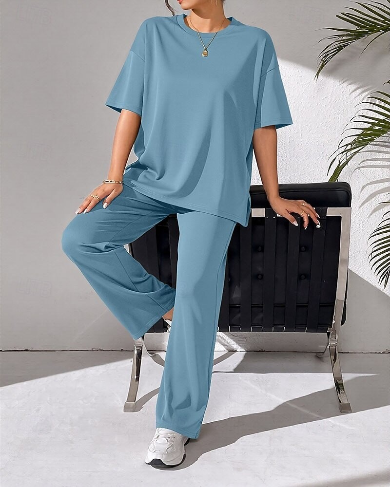 Women's Fashion Streetwear Pants Sets Bolero Top Short Sleeve Crew Neck Solid Color Patchwork Casual Daily Outdoor Blue Red Sky Blue Summer Regular Fit