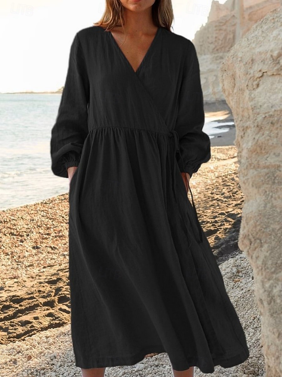 Women's Midi Dress A Line Dress Casual Daily Loose Fit Plain Long Sleeve V Neck Black White Yellow Red Summer Spring Fall