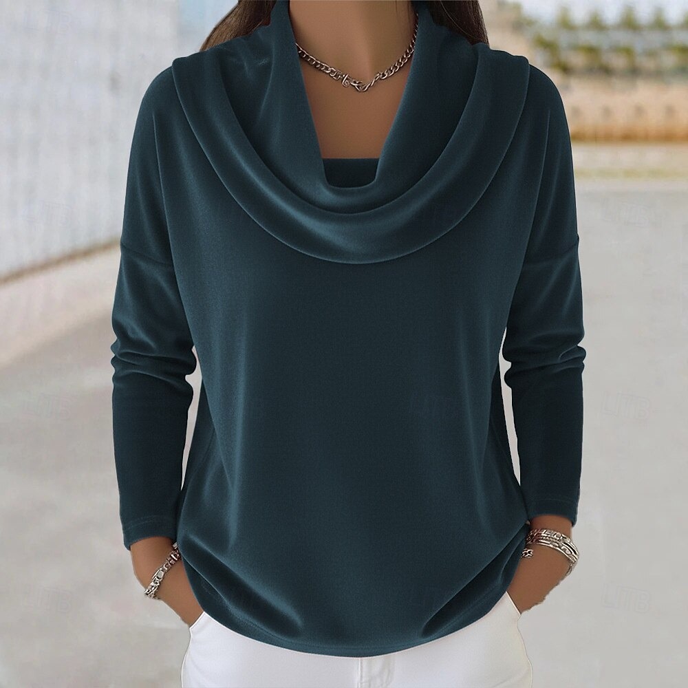 Women's shirt, solid color, elegant Bohemian vintage style, long-sleeved, high-neck, regular fit top.