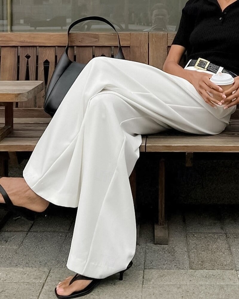 Women's Culottes Wide Leg Chinos Vacation Streetwear Casual Full Length Medium Waist Solid Color Pocket Elastic Waistband Comfy Micro-elastic Daily Outdoor Street White Spring Fall Loose Fit