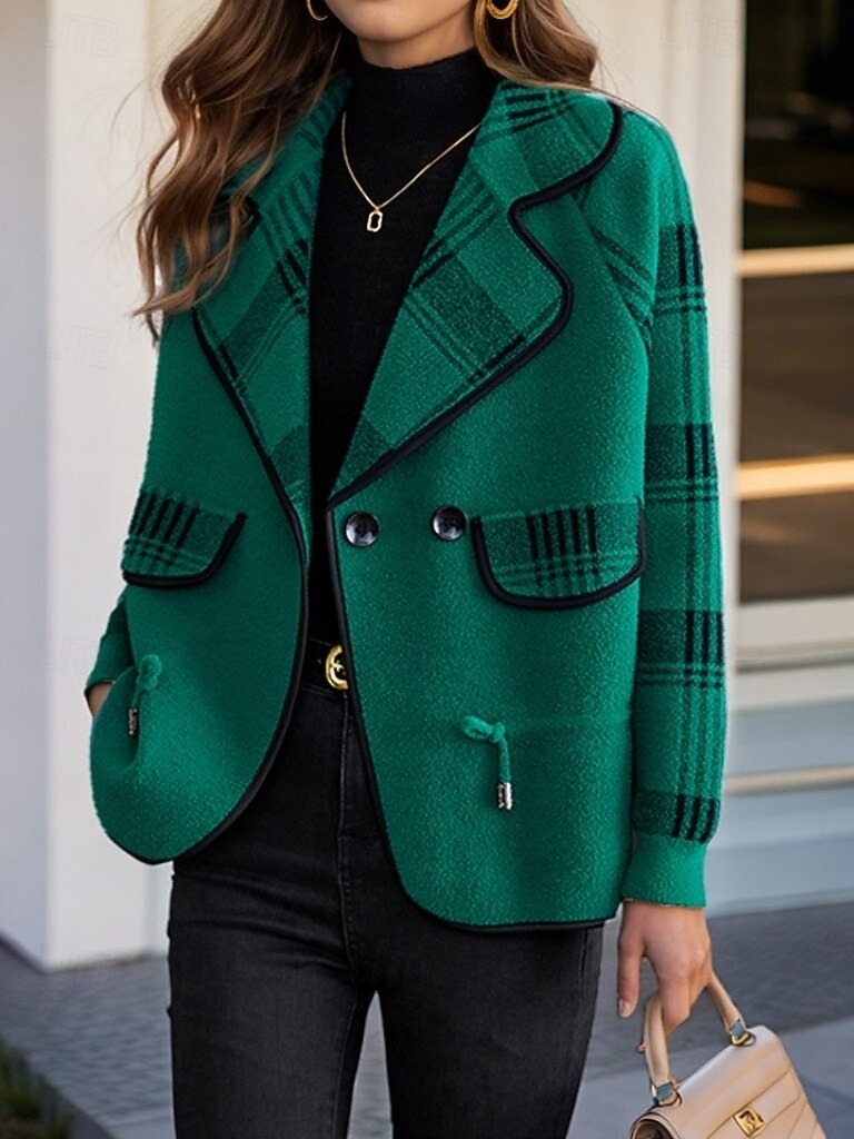 Women's Sweater Cardigan Sweater Jacket Shirt Collar Knit Patchwork Button Knitted Raglan Sleeves Spring Fall Daily Holiday Weekend Daily Stylish Casual Long Sleeve Plaid Color Block Black