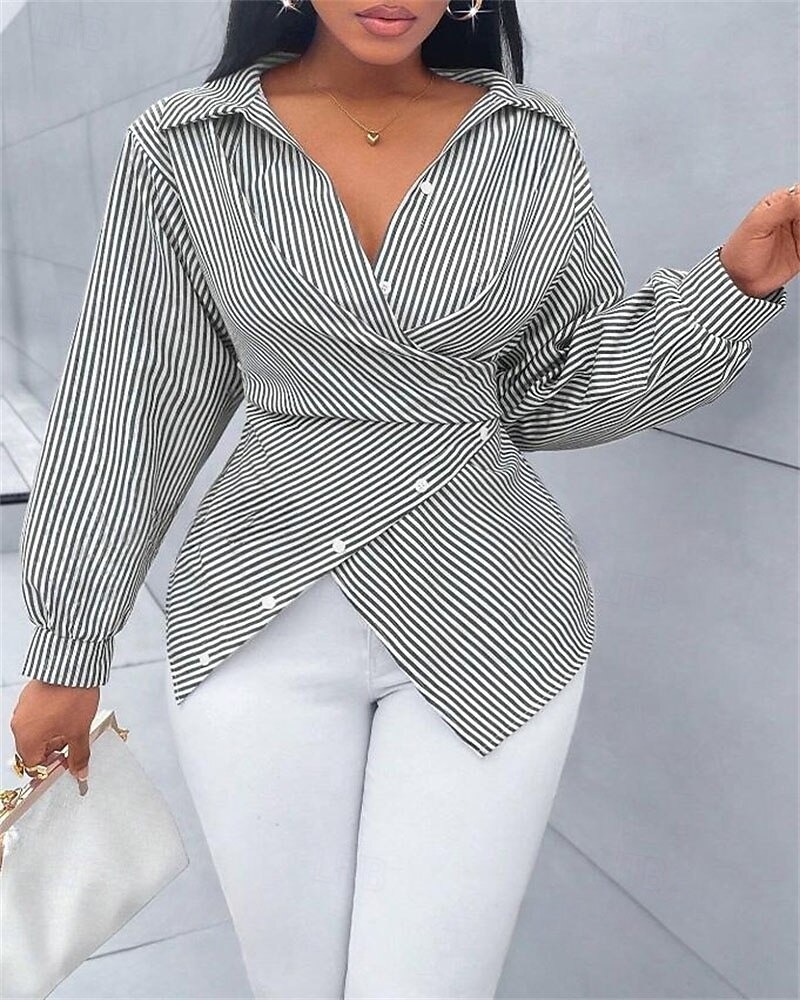 Women's Blouse Dressy Tops Plain Striped Elegant Vintage Daily Long Sleeve Shirt Collar Regular Tops Daily Work Holiday Ruched Buttons Print Black Pink Sky Blue Green Summer Spring