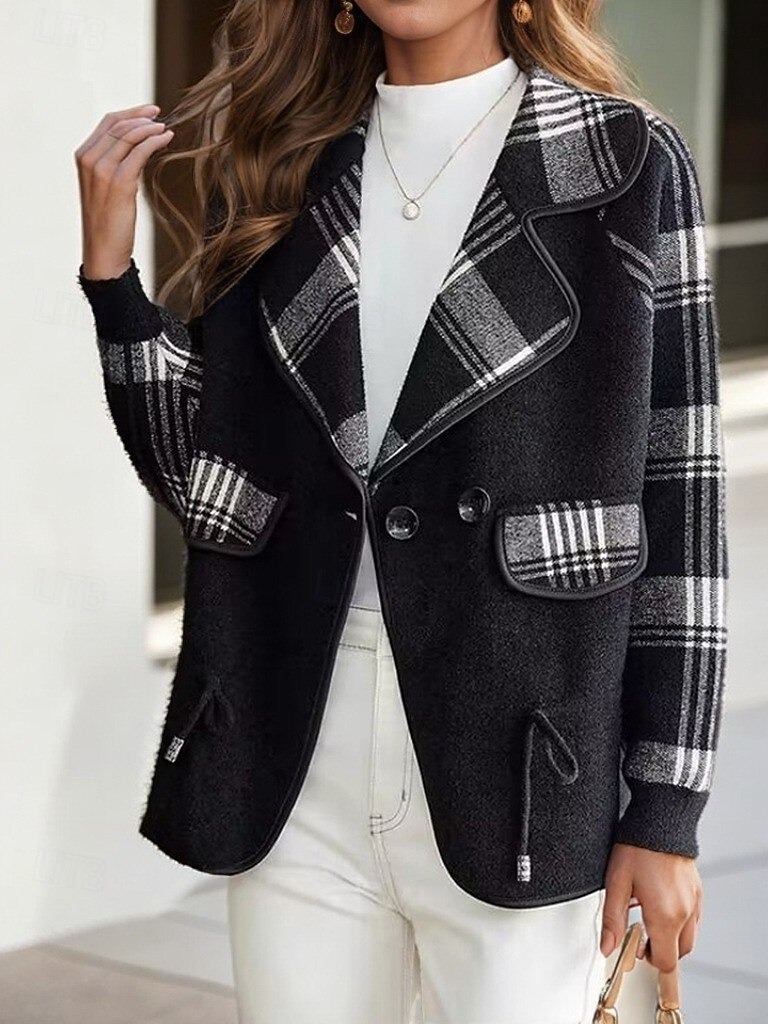 Women's Sweater Cardigan Sweater Jacket Shirt Collar Knit Patchwork Button Knitted Raglan Sleeves Spring Fall Daily Holiday Weekend Daily Stylish Casual Long Sleeve Plaid Color Block Black