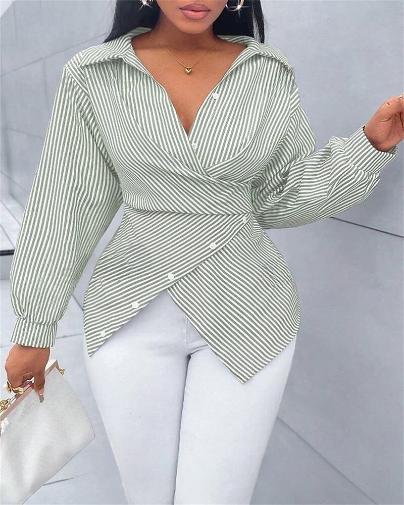 Women's Blouse Dressy Tops Plain Striped Elegant Vintage Daily Long Sleeve Shirt Collar Regular Tops Daily Work Holiday Ruched Buttons Print Black Pink Sky Blue Green Summer Spring