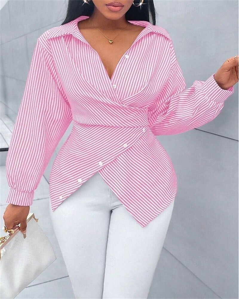 Women's Blouse Dressy Tops Plain Striped Elegant Vintage Daily Long Sleeve Shirt Collar Regular Tops Daily Work Holiday Ruched Buttons Print Black Pink Sky Blue Green Summer Spring