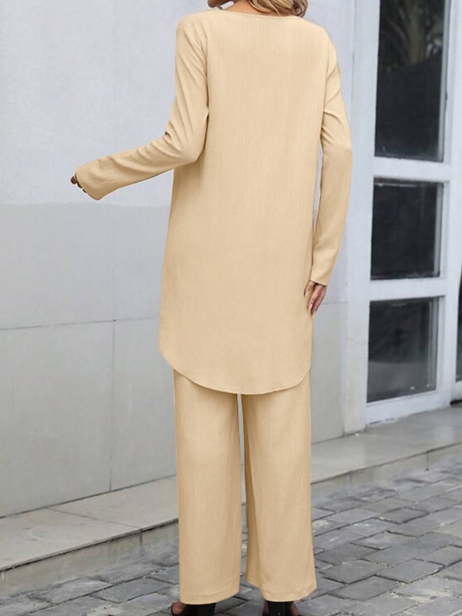 Women's Linen-Inspired Sets Two Piece Sets T Shirt Wide Leg Pants Long Sleeve Solid Color Black Blue Khaki Spring Regular Fit