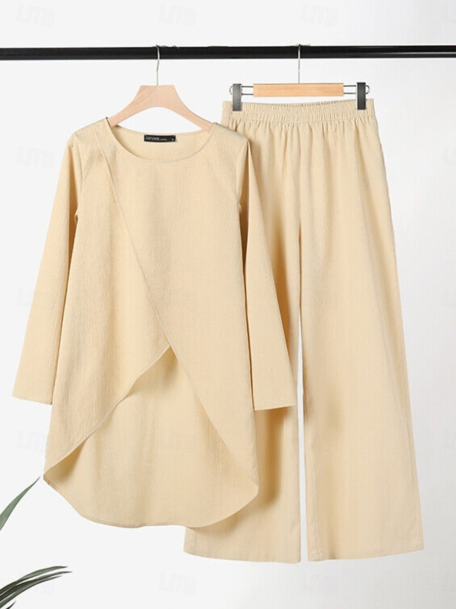Women's Linen-Inspired Sets Two Piece Sets T Shirt Wide Leg Pants Long Sleeve Solid Color Black Blue Khaki Spring Regular Fit