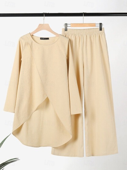 Women's Linen-Inspired Sets Two Piece Sets T Shirt Wide Leg Pants Long Sleeve Solid Color Black Blue Khaki Spring Regular Fit